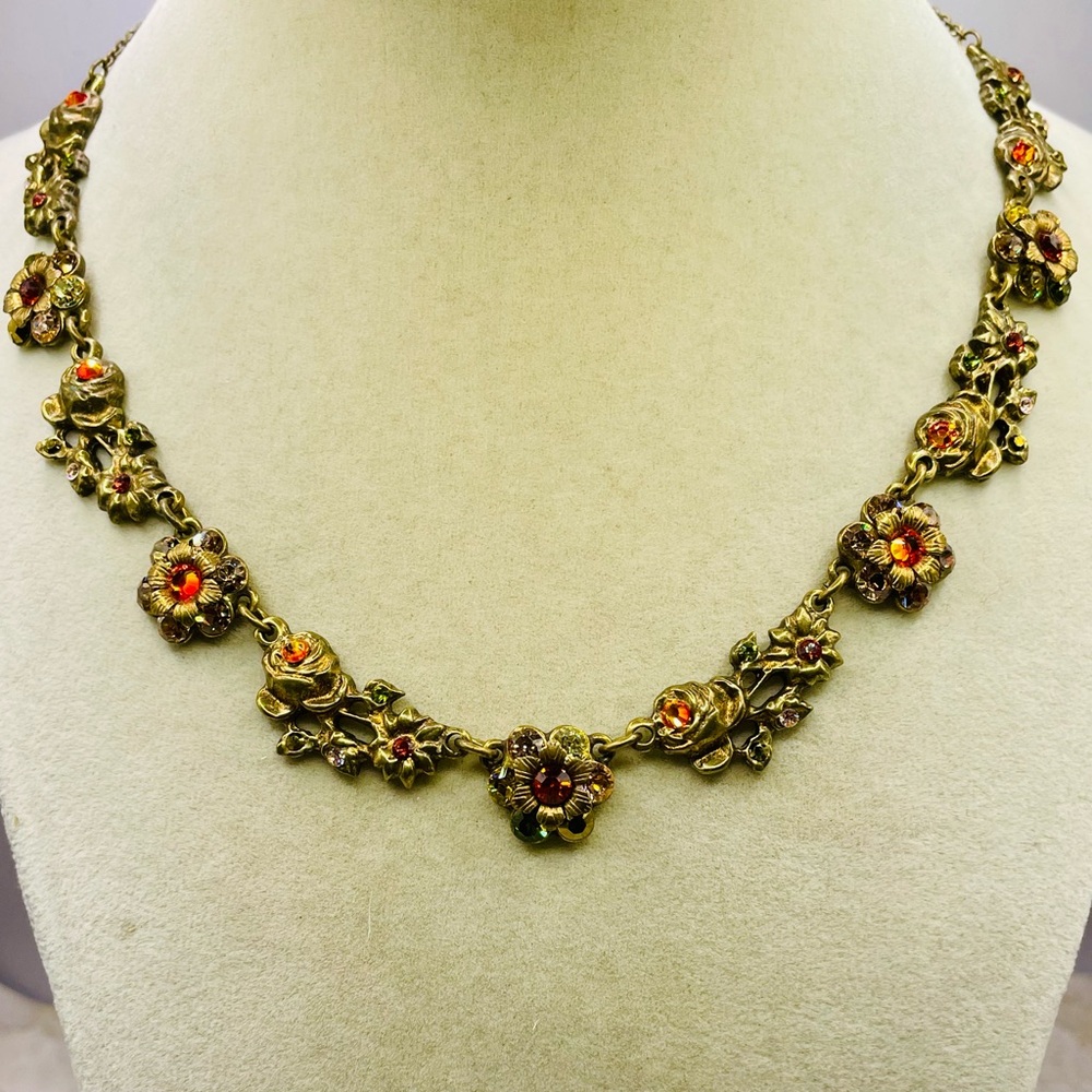 Michal Negrin Gold Antique Tone Orange and Red Crystal Floral Necklace. 16 inch